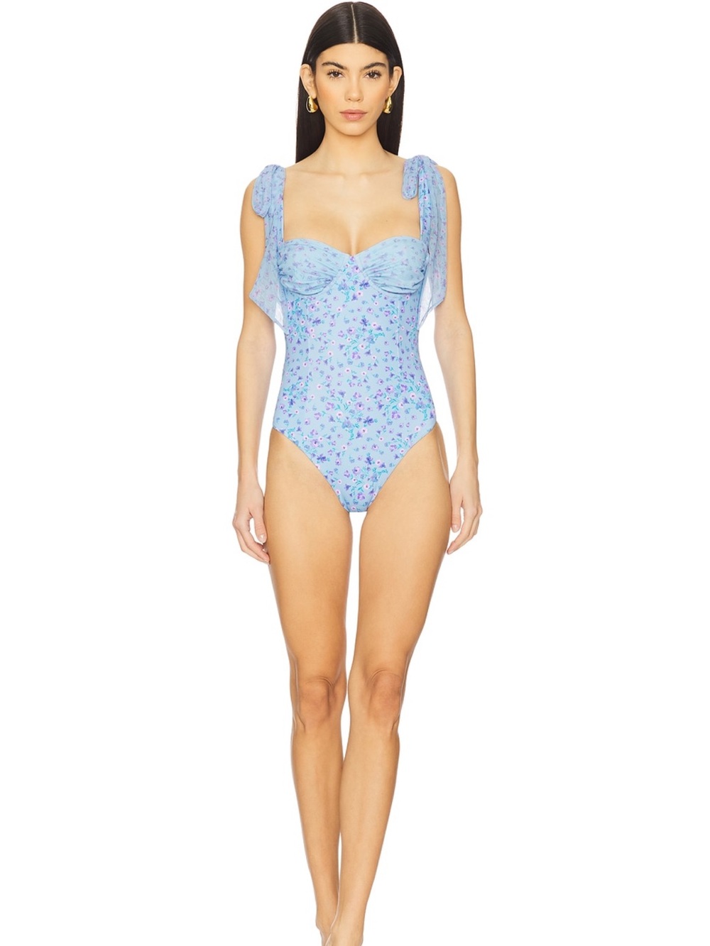 Beach Riot Light Blue Floral One-Piece with Tie Shoulder Straps